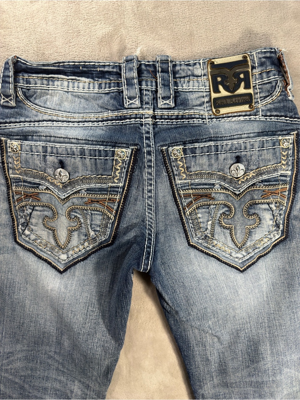 Rock Revival Norman Straight Jeans Blue Medium Wash Embroidered Distressed